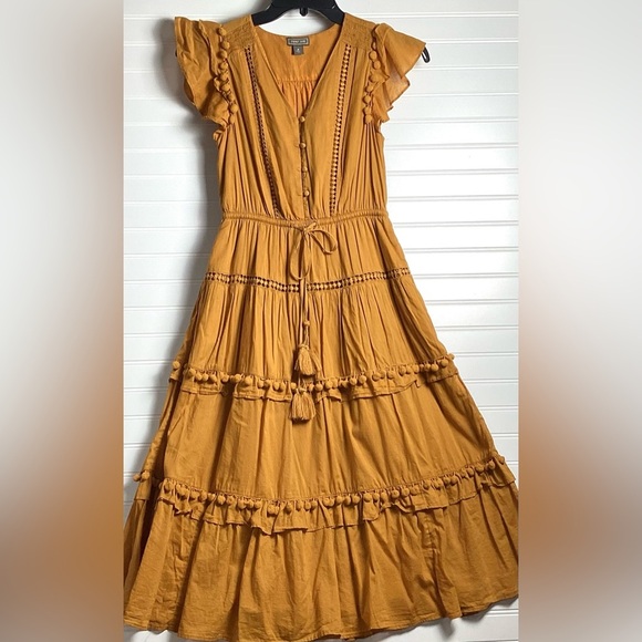 Yellow Tiered Ruffled Midi Dress with Flutter Sleeves size 0 - Picture 2 of 10
